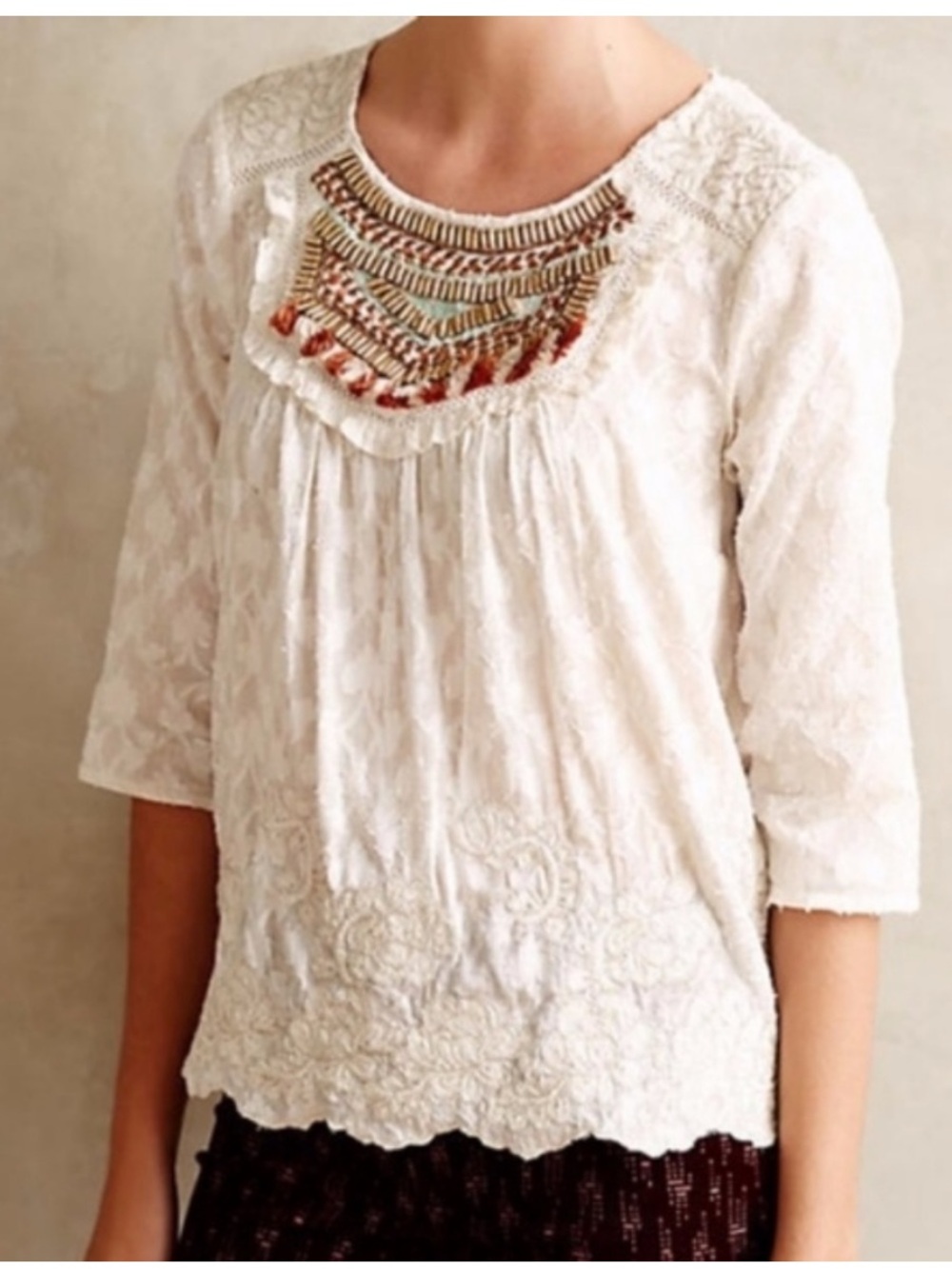 Anthropologie Moulinette Soeurs Cream Embroidered Boho Tunic with Multicolor